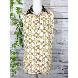 Coco Bianco Blouse Shirt size Medium Black Gold Chains Career Summer Beach Slim
